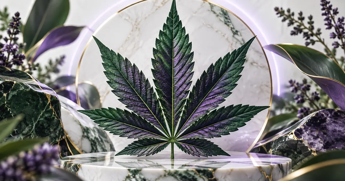 Indica strain guide artwork Illustrated purple cannabis leaf macro for indica strain guides