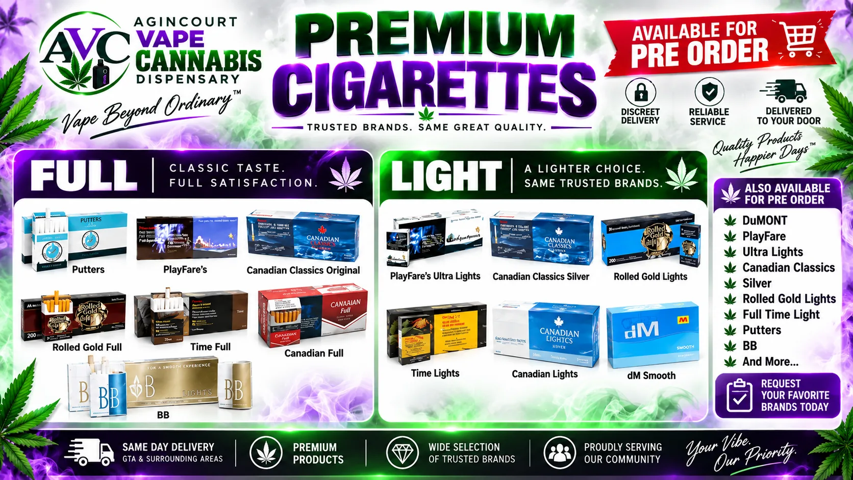 Full and light cigarette brands available to pre-order at Agincourt Vape Cannabis Dispensary