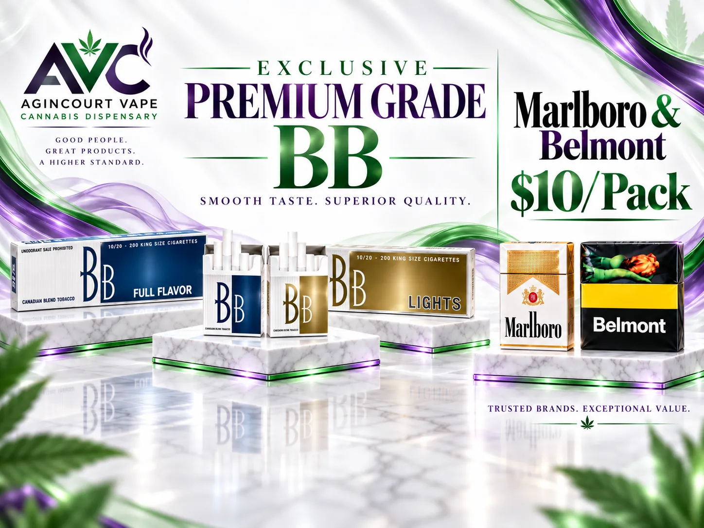 BB, Marlboro and Belmont cigarettes at Agincourt Vape Cannabis Dispensary, Scarborough