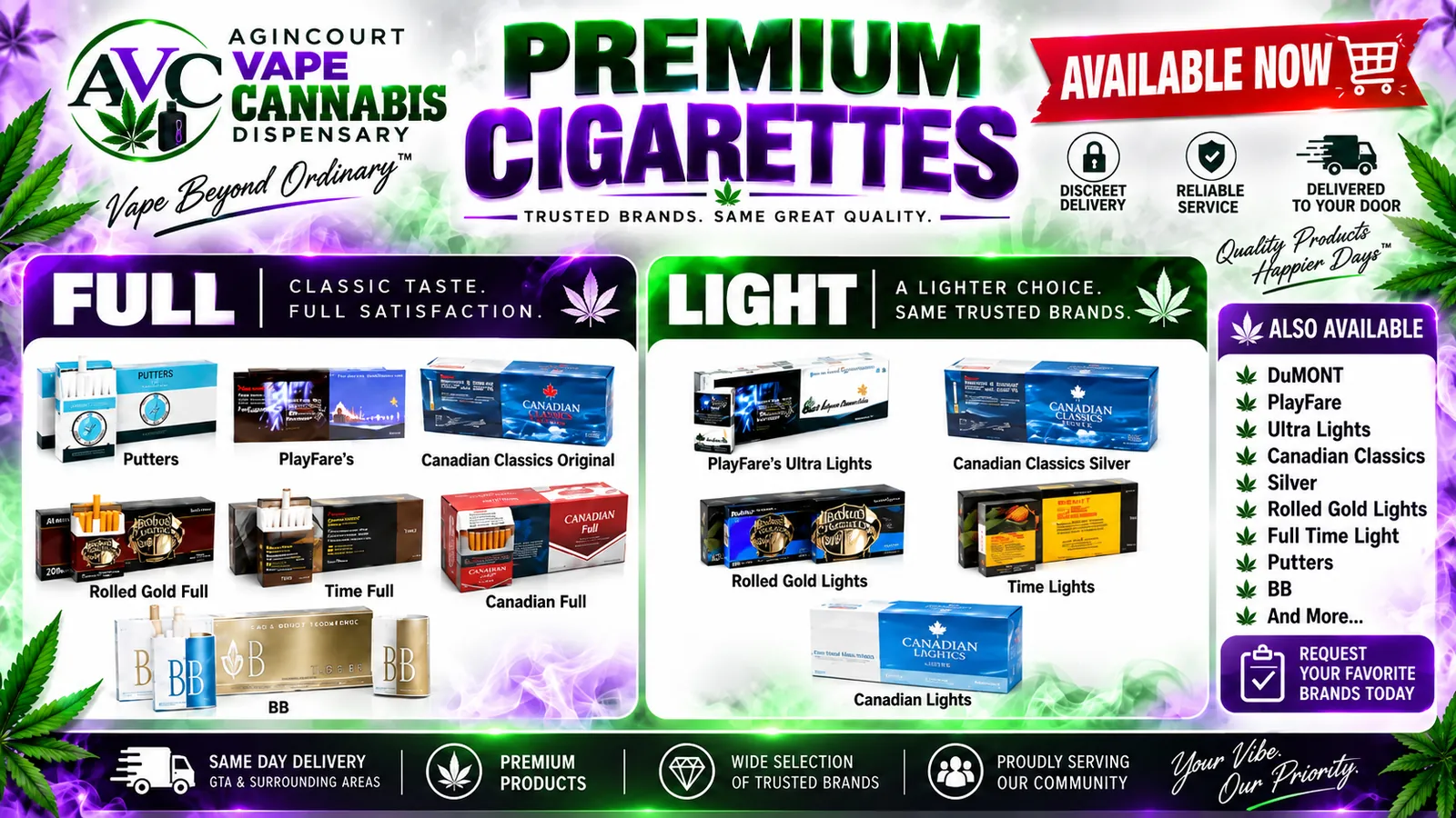 Premium cigarettes, full and light brands, at Agincourt Vape Cannabis Dispensary, Scarborough